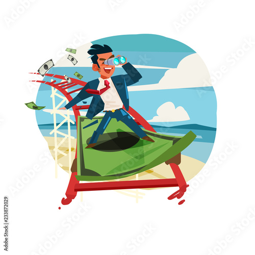 businessman riding on banknote as roller coaster.Business or Finance conceptual - vector