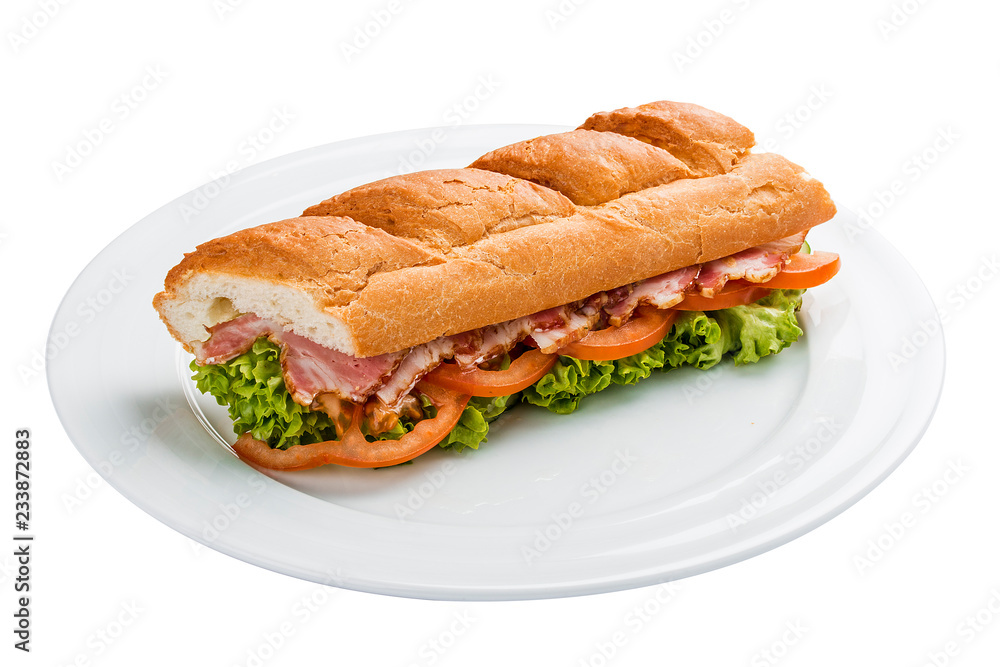Sandwich with ham, tomatoes and greens Sandwich with ham, tomatoes and greens