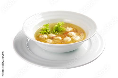 Soup "Shetbulo". Light soup with meat and vegetable fricadals. A traditional Swiss dish. On a white background