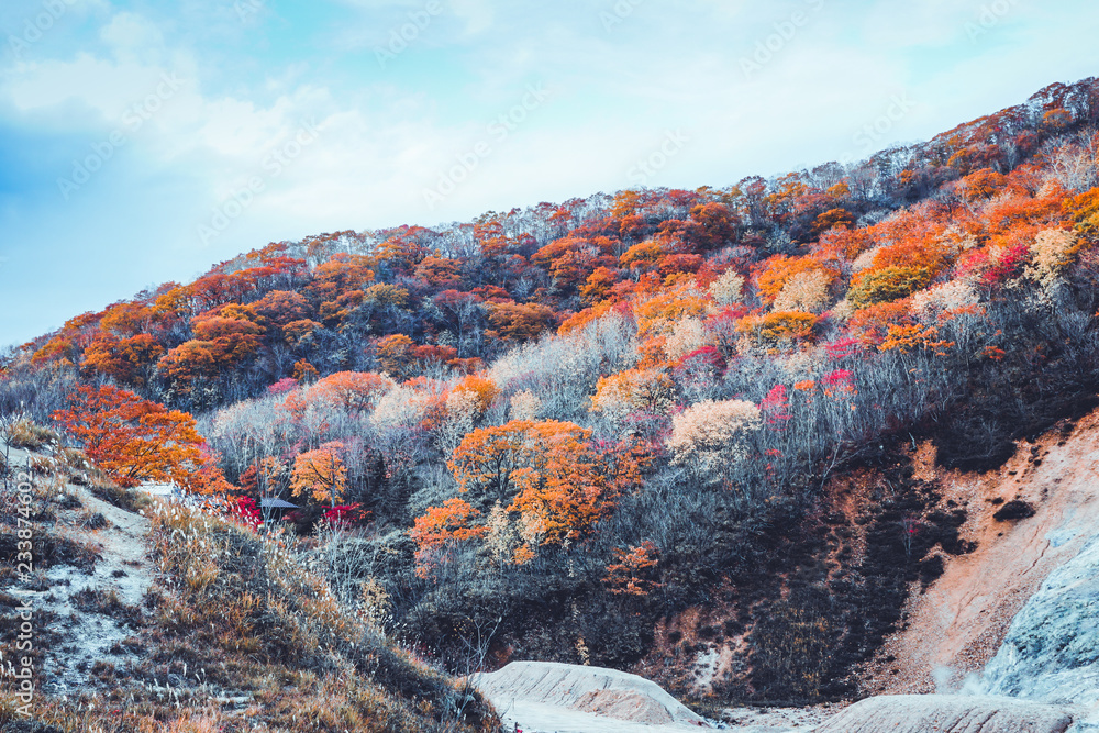 Autumn season at noboribetsu volcano in Hokkaido Japan