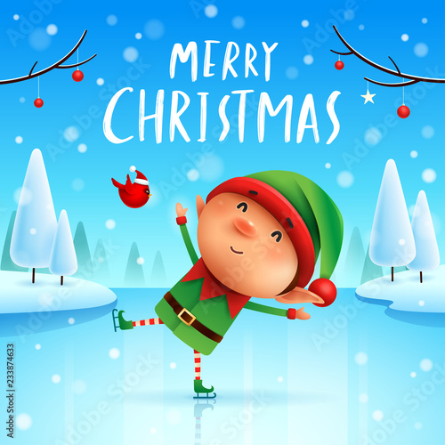 Merry Christmas! Little elf on skates in Christmas snow scene winter landscape.