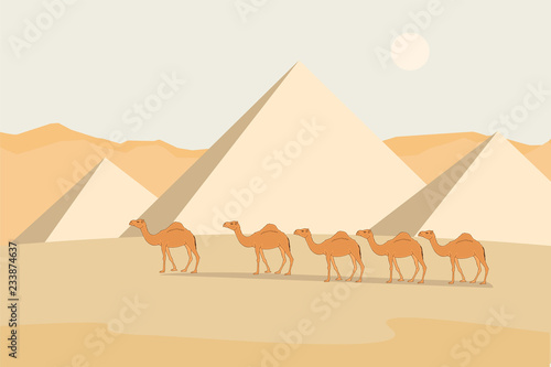 desert view  with pyramids and camels cartoon
