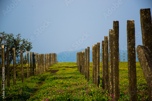 Fence of concrete bars on a plateau