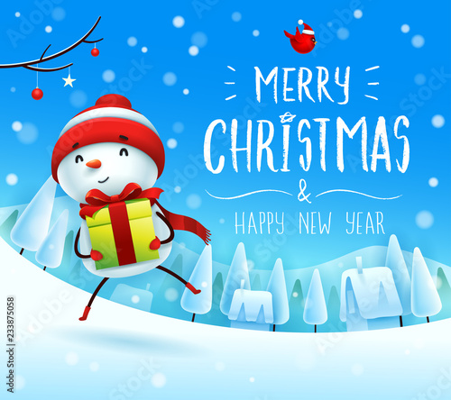 Merry Christmas! Cheerful snowman with gift present in Christmas snow scene winter landscape.