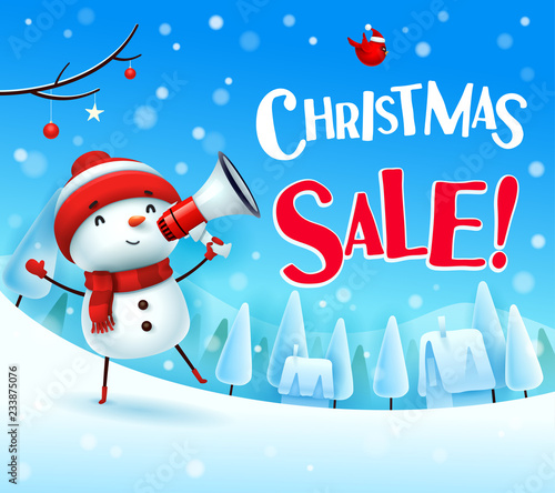 Christmas Sale! Cheerful snowman with megaphone in Christmas snow scene winter landscape.