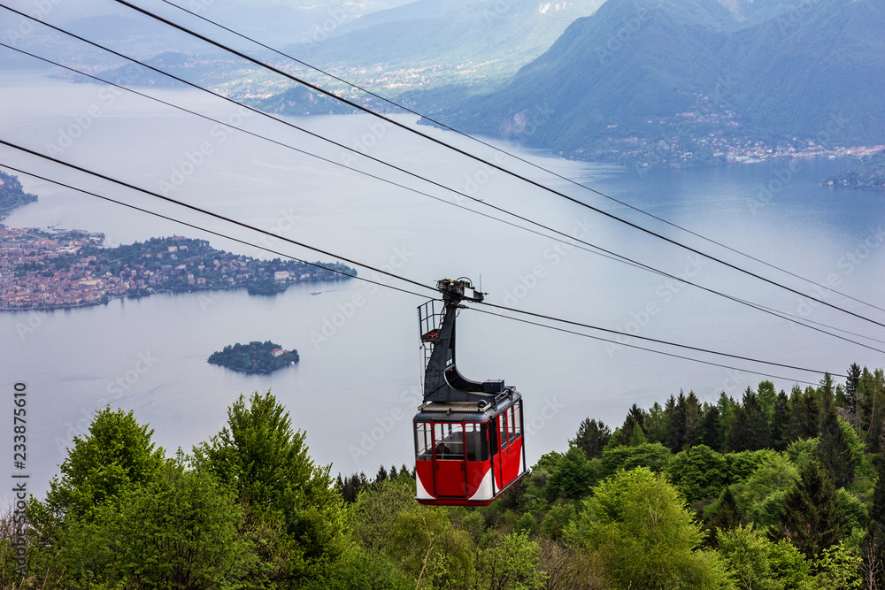 Cable car above lake, Lombardy, Italy. Stresa cable car, Lago Maggiore  landscape