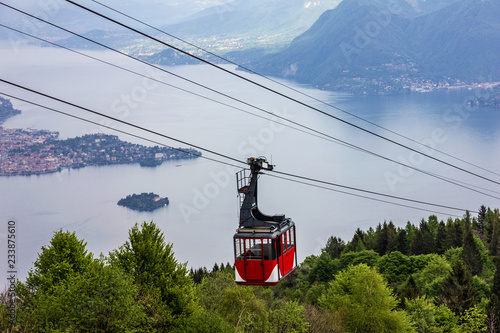 Cable car above lake, Lombardy, Italy. Stresa cable car, Lago Maggiore  landscape