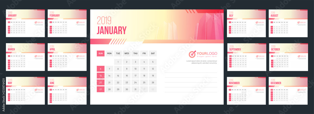 2019 yearly calendar design with space for your image. 2019 yearly calendar design with space for your image.