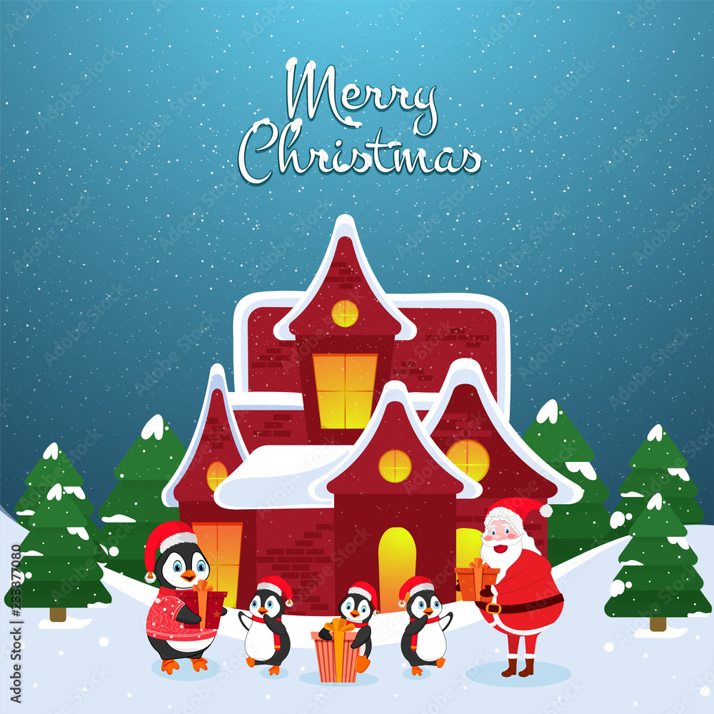 Festival celebration, illustration of snow capped house with cute penguins and santa claus on winter landscape background for Merry Christmas greeting card design.
