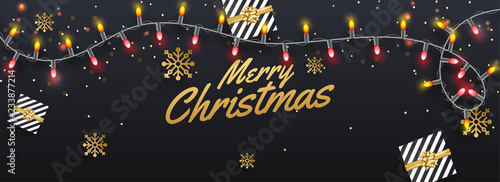 Social media header or banner design, top view illustration of gift boxes and lighting garland on black background for Merry Christmas celebration.