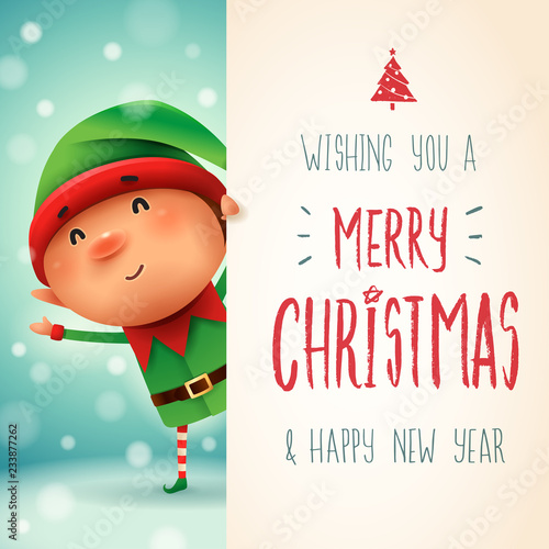 Little Elf with big signboard. Merry Christmas calligraphy lettering design. Creative typography for holiday greeting.