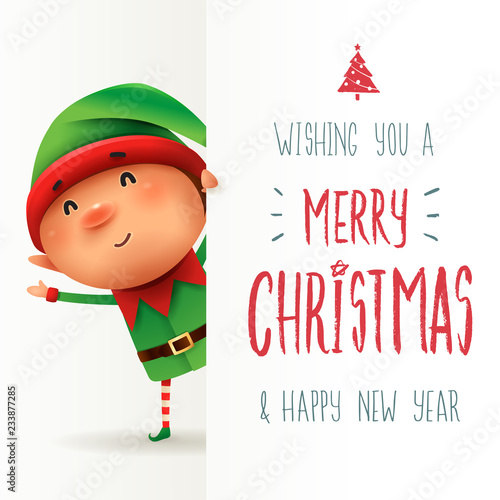 Little Elf with big signboard. Merry Christmas calligraphy lettering design. Creative typography for holiday greeting.