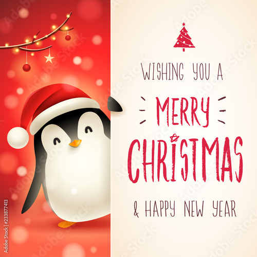 Cute little Penguin with big signboard. Merry Christmas calligraphy lettering design. Creative typography for holiday greeting.