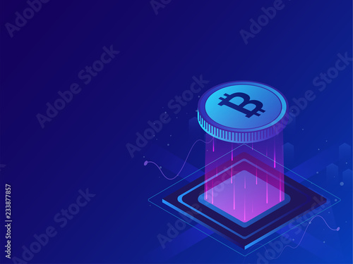 Crypto mining concept based isometric design with 3d bitcoin between emerging rays on blue background .