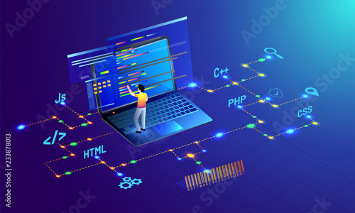 Analyst working on laptop, different programing languages with security bar code on glossy blue background for Web development concept.