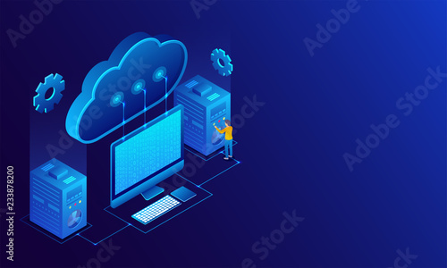 Isometric illustration of desktop connected with cloud and data server on glossy blue background.