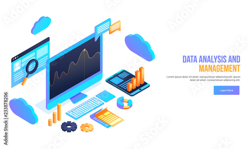 Data Analysis and Management concept based, 3D illustration desktop with multiple infographic elements on white background for landing page design.