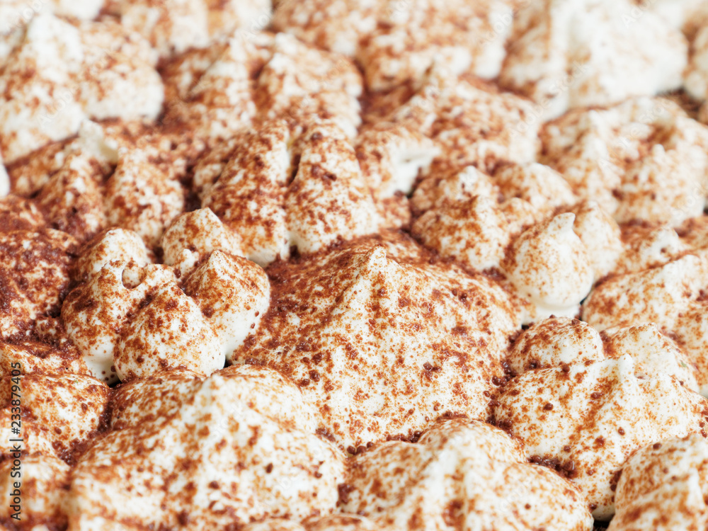 Cream cheese with cocoa. Close-up on tiramisu cake decorated with curd cream, filled with cocoa. Sweet background. Cream cheese with cocoa. Close-up on tiramisu cake decorated with curd cream, filled with cocoa. Sweet background.