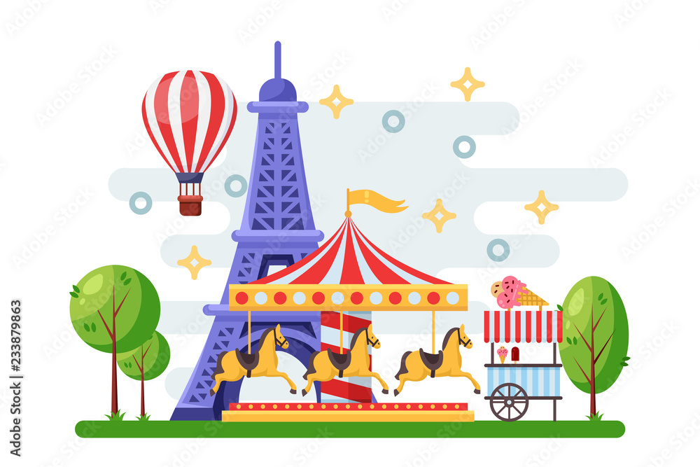 Paris cityscape with Eiffel tower, amusement park carousel and street food trolley. Vector flat illustration. Paris cityscape with Eiffel tower, amusement park carousel and street food trolley. Vector flat illustration.