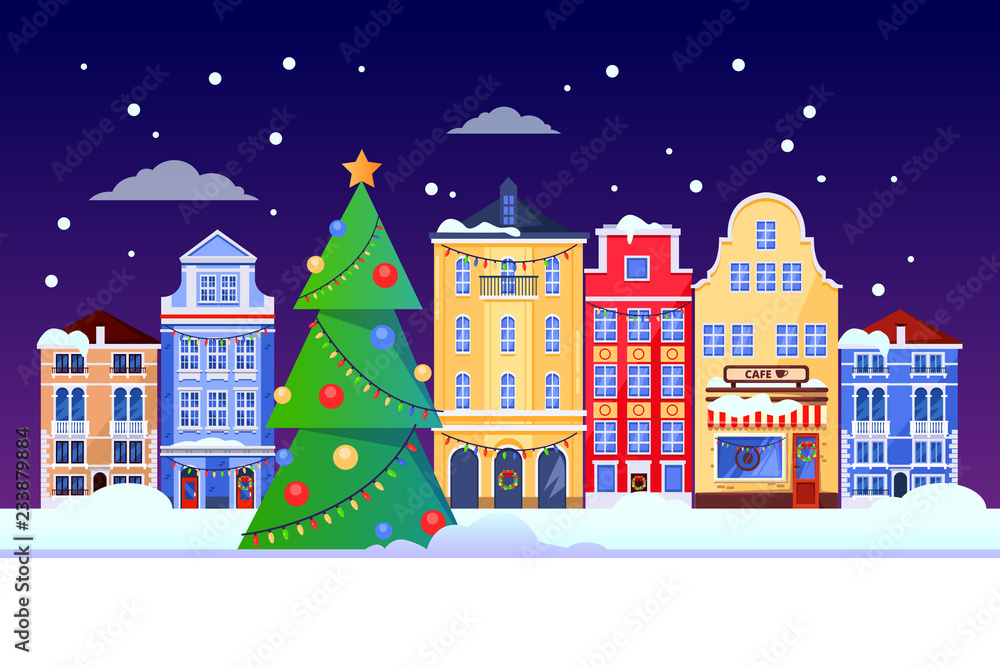 Christmas New Years holiday in Europe city. Vector flat illustration of cityscape with Christmas tree, colorful houses.