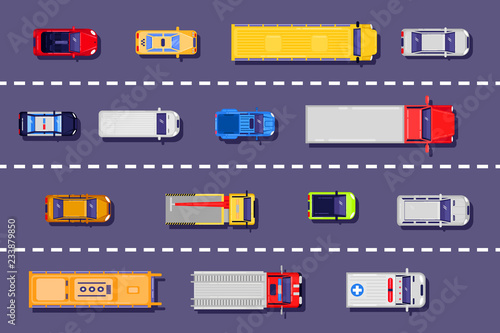 City transport on the road, top view illustration. Vector flat vehicle icons on asphalt background