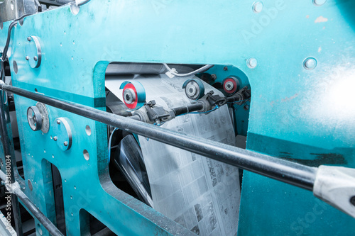 Vinnytsia, Ukraine – december 28, 2017: Press printing machine in poligraphy. Mass printing of newspapers.