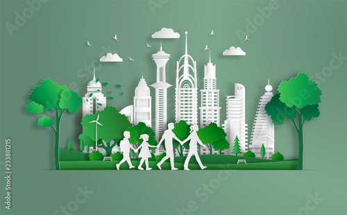 Family walking in the park and holding hands, eco green city, save the planet and energy concept, flat-style vector illustration.