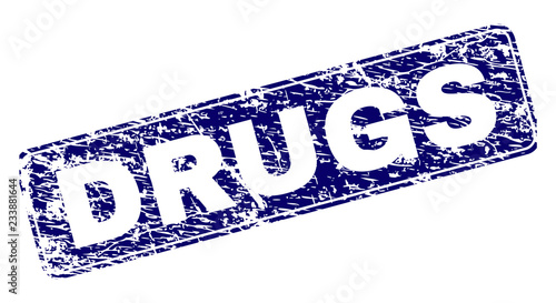 DRUGS stamp seal print with distress style. Seal shape is a rounded rectangle with frame. Blue vector rubber print of DRUGS tag with dust style.