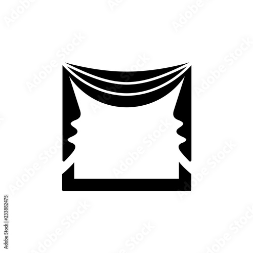 Black & white vector illustration of fabric curtain with drapery. Pelmet with central symmetric swag. Flat icon of window blind. Isolated object