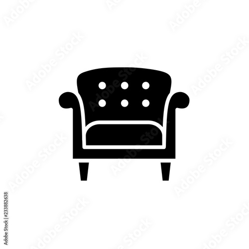 Black & white vector illustration of vintage style leather armchair. Flat icon of retro arm chair seat. Upholstery furniture. Isolated object