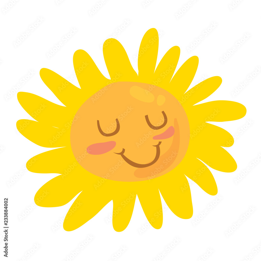 isolated cartoon-style color illustration of cute smiling happy sun. Isolated on white background