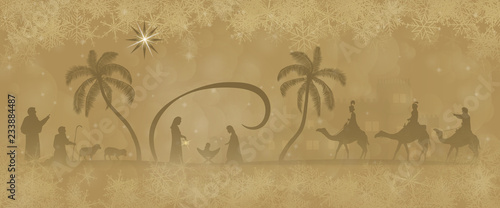 Christmas time. Nativity scene with Mary, Joseph, baby Jesus, shepherds and three kings.