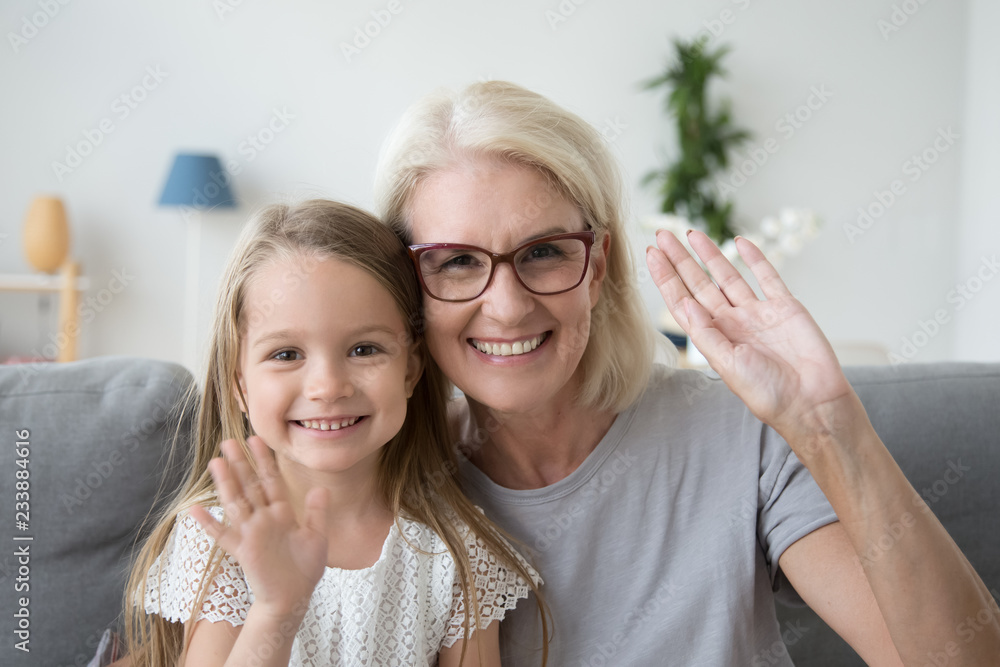 Portrait of happy old grandmother and kid girl waving hands looking at  camera, smiling grandma with granddaughter making video call, child and  granny vloggers recording video blog or vlog together Photos