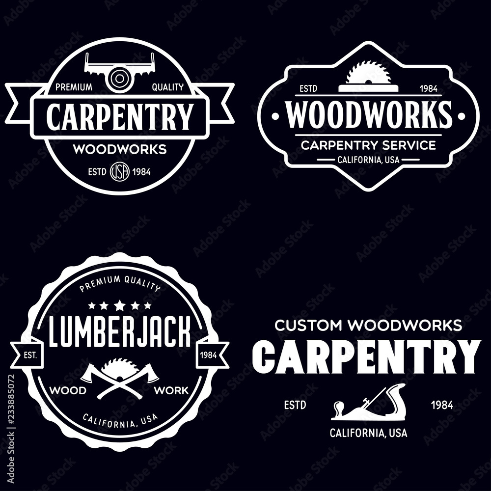Woodwork badges. Set of carpentry, woodworkers, lumberjack, sawmill service monochrome vector labels, emblems and logos.