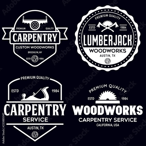 Woodwork badges. Set of carpentry, woodworkers, lumberjack, sawmill service monochrome vector labels, emblems and logos.