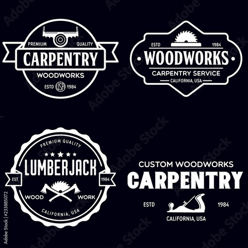 Woodwork badges. Set of carpentry, woodworkers, lumberjack, sawmill service monochrome vector labels, emblems and logos.