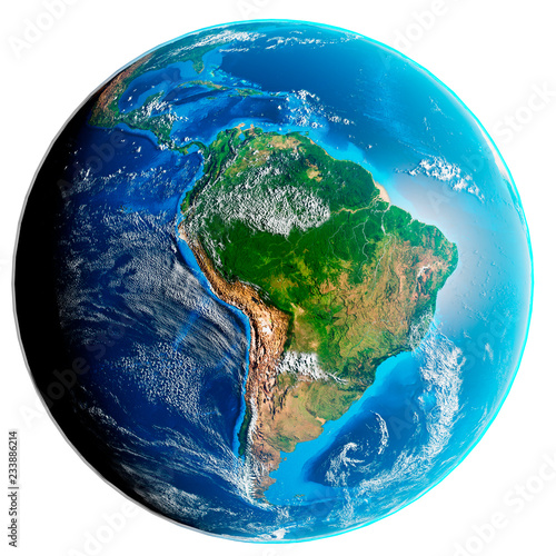 3d illustration of our planet Earth with shadows covered by clouds isolated on white background. Scenic view of South America continent from space. Elements of this image furnished by NASA.