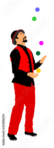 Juggler artist vector. Juggling with balls. Clown in circus jugging performs skill. Children birthday animator. Carnival attraction. Street performer acrobat public entertainment man skills.