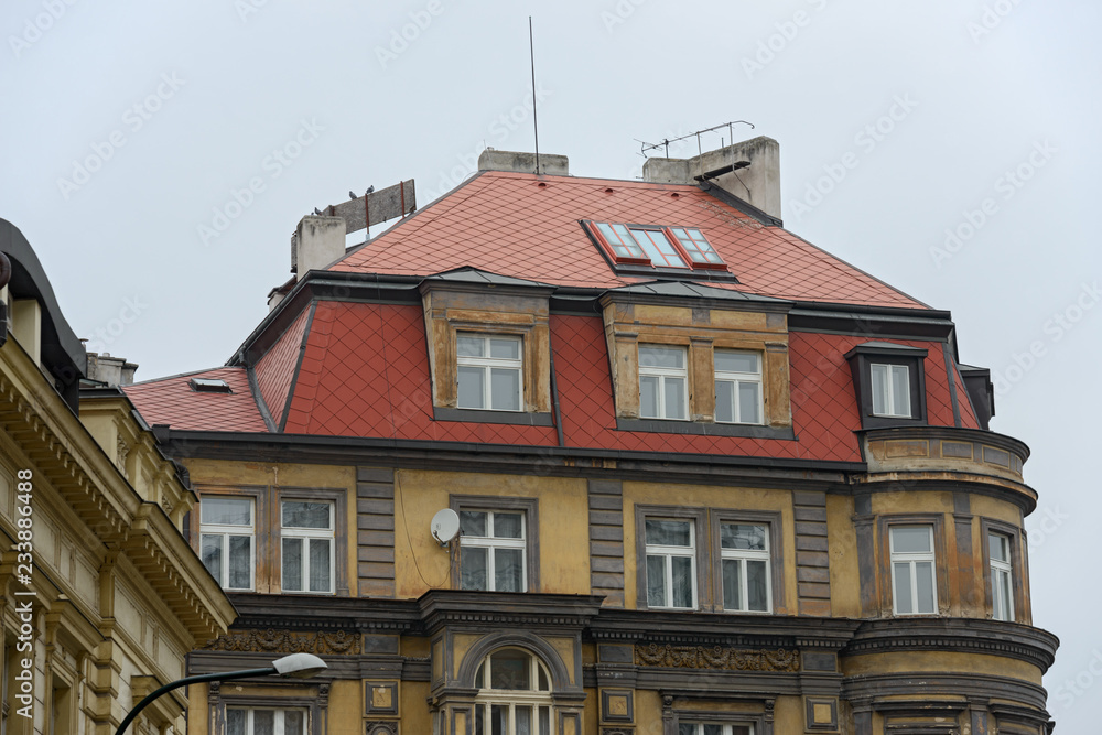 Fototapeta premium Old building on Truhlarska Street 1097 in Prague, Czech Republic.