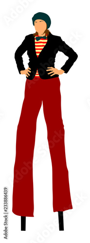 Clown on stilts vector illustration isolated on white background. Street actor performer. Juggler woman artist vector. Joker  play for kids. Clown in circus. Funny game with animator on birthday party