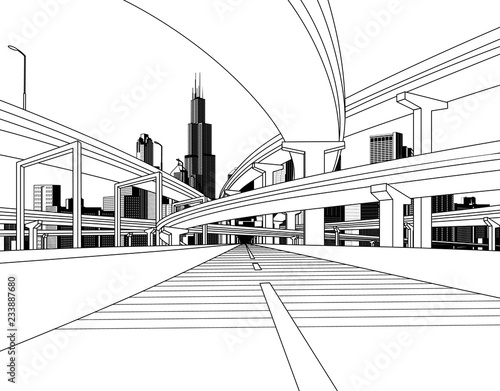 Highway overpass road bridges and city skyline