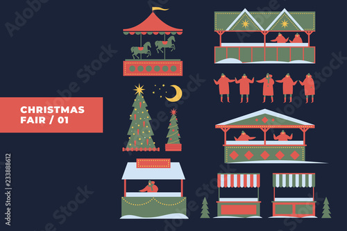 Large set of elements on theme of Christmas fair. Sellers in stalls, stroll people, Christmas trees and a carousel with horses. Happy winter holidays. Vector colorful seasonal images.