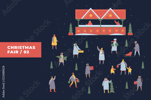 Festive illustration with image of people doing shopping on background of Christmas fair and snow-covered stalls. People walk with children at festive fair. Vector colorful seasonal images.