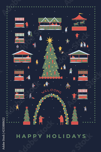 Festive illustration with the image of the Christmas fair, New Year tree and stalls in winter evening. People make holiday shopping. Happy winter holidays. Vector colorful seasonal image.