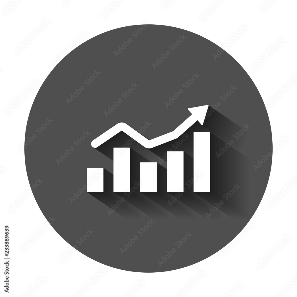 Growing bar graph icon in flat style. Increase arrow vector illustration with long shadow. Infographic progress business concept. Growing bar graph icon in flat style. Increase arrow vector illustration with long shadow. Infographic progress business concept.