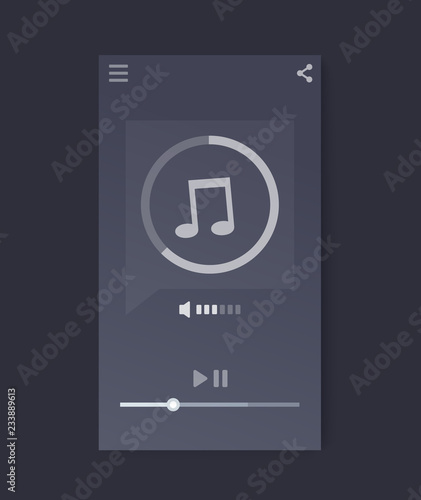 Music streaming player interface, mobile app, vector ui