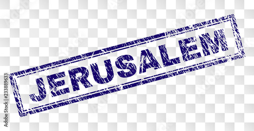 JERUSALEM stamp seal print with dirty style and double framed rectangle shape. Stamp is placed on a transparent background. Blue vector rubber print of JERUSALEM tag with unclean texture.