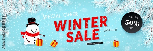 Winter sale, seasonal horizontal banner with snowman, snowfall, snow, vector