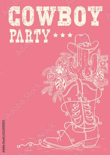 Cowboy boot with Christmas elements .Vector cowboy party hand drawn illustration