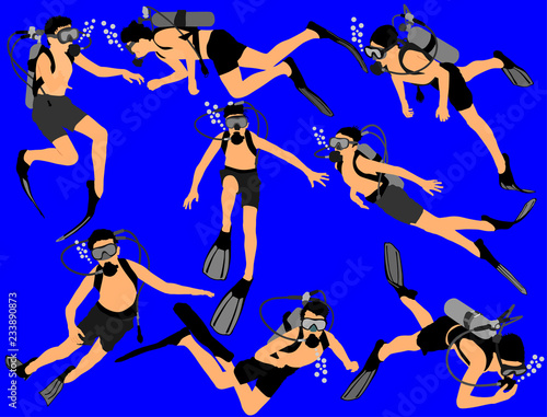 Scuba diving vector illustration isolated on blue background. Sport underwater, lake, sea, glove and flashlight, mask and snorkel. Diving school, Scuba school. Beach fun, fishing,swimming 